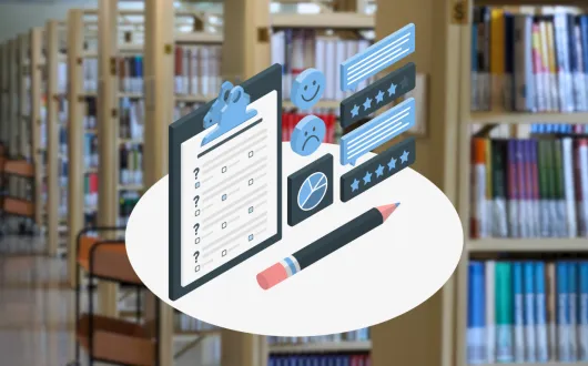 Ikona karty formularza i ołówka w stylu flat design, w tle rozmyte regały z książkami