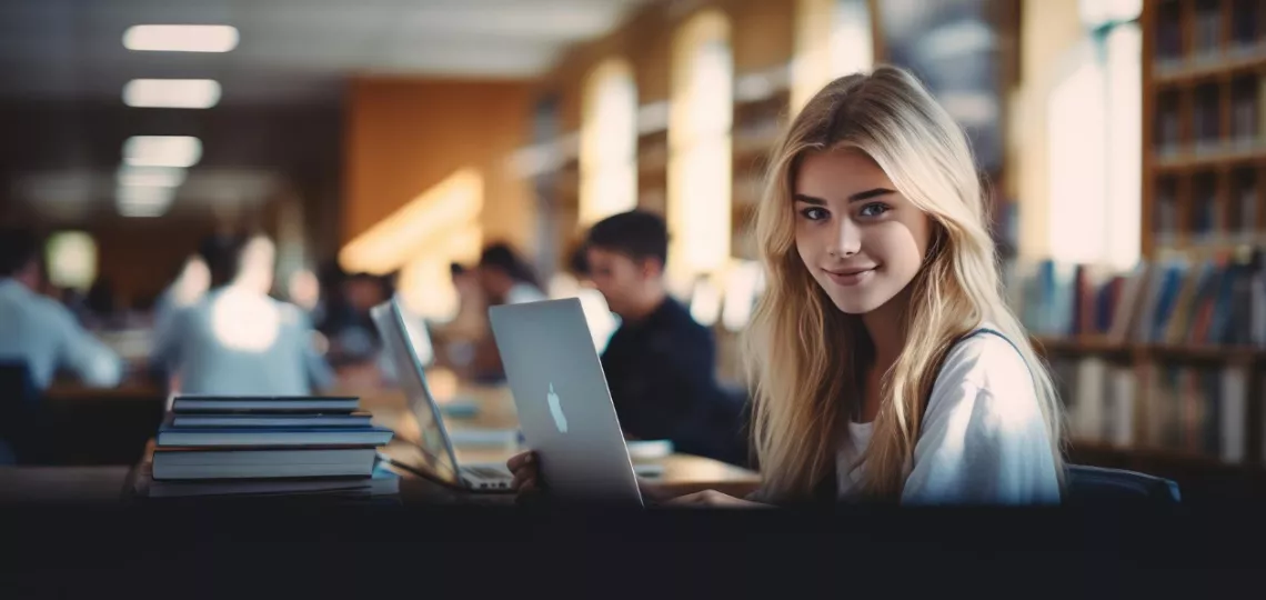 Młoda dziewczyna w bibliotece siedząca przy stole, na którym są książki i otwarty laptop. W tle inni czytelnicy oraz regały z książkami.