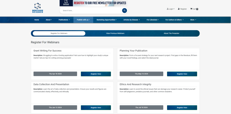 Excerpt from the Bentham Science website with information about webinars for authors.