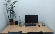 The interior of a room for individual study. Desk top with potted flowers and computer placed on it.