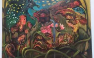 a colorful painting depicting distorted human figures and flowers