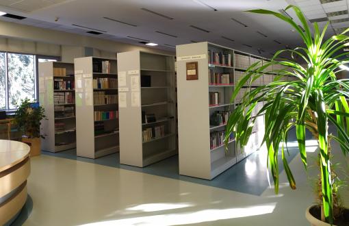 Zdjęcie przedstawiające 4 regały, fragment lady i duży kwiat doniczkowy w Bibliotece Chemicznej.