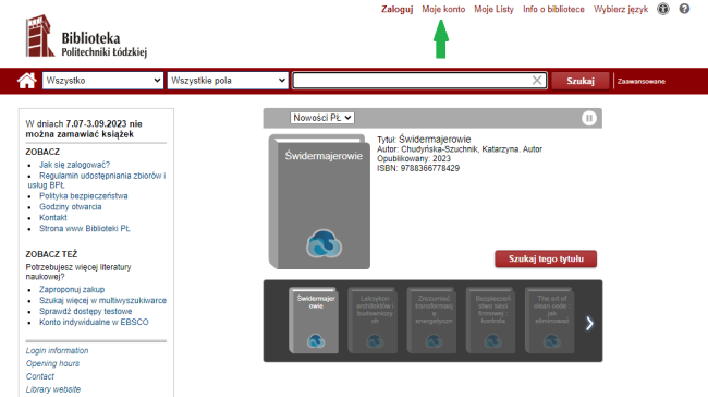 Zrzut ekranu z widokiem katalogu online Biblioteki – zaznaczona opcja moje konto..