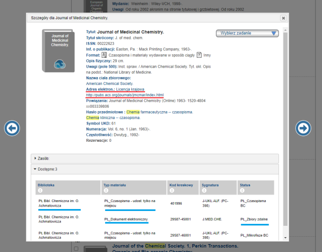 Zrzut ekranu z widokiem katalogu online Biblioteki – okienko z opisem bibliograficznym czasopisma. Zaznaczony status, lokalizacja i sposób udostępniania, a także link do wersji online.