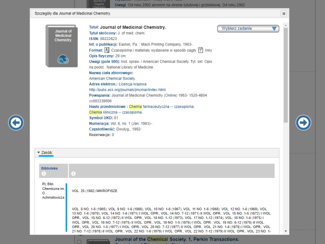 Zrzut ekranu z widokiem katalogu online Biblioteki – okienko z opisem bibliograficznym czasopisma. Zaznaczony zasób.