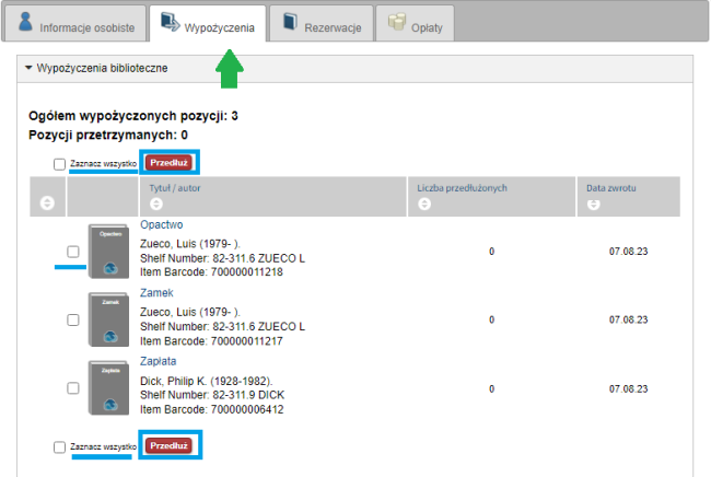 Zrzut ekranu z widokiem katalogu online Biblioteki – opcja przedłużania na koncie czytelnika.