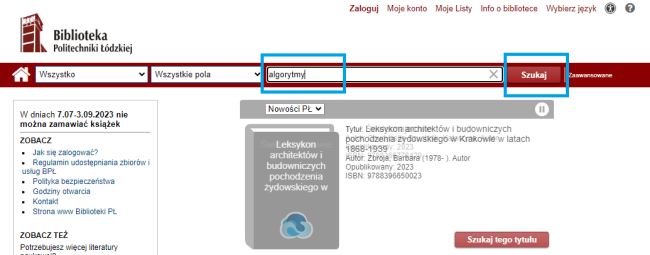 Zrzut ekranu z widokiem katalogu online Biblioteki – pole do wyszukiwania protego.