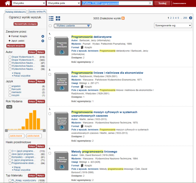 Zrzut ekranu z widokiem katalogu online Biblioteki – wyniki wyszukiwania zaawansowanego.