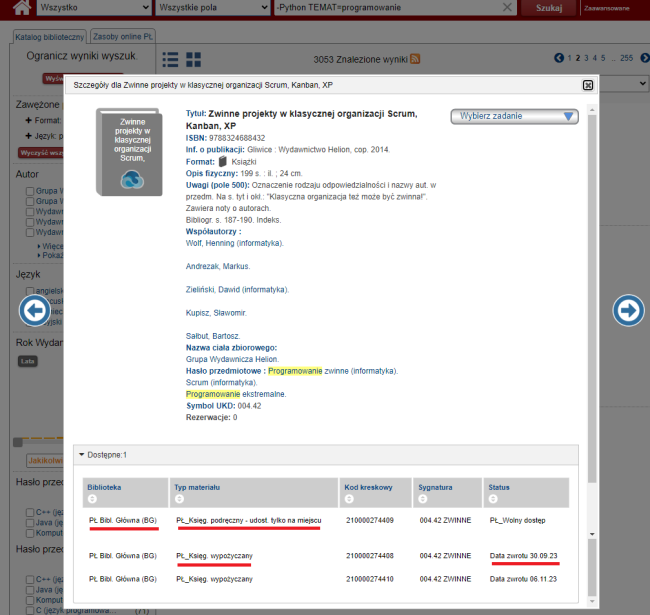 Zrzut ekranu z widokiem katalogu online Biblioteki – okienko z opisem bibliograficznym i z zaznaczonym statusem i lokalizacją książki.