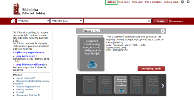 Zrzut ekranu z widokiem katalogu online Biblioteki, z zaznaczonym przyciskiem Zaloguj.