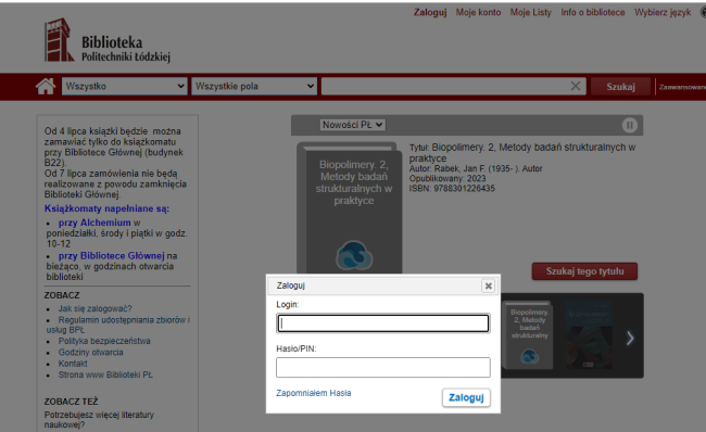 Zrzut ekranu z widokiem katalogu online Biblioteki, z okienkiem do podania danych do logowania.