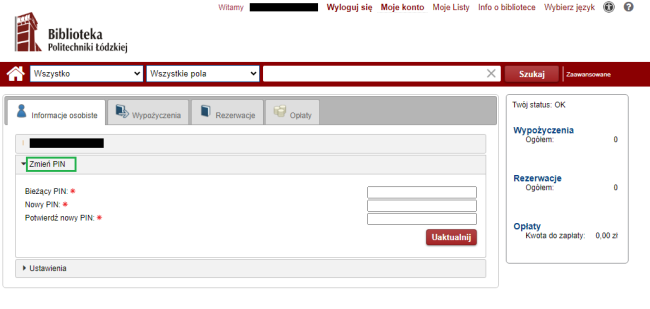 Zrzut ekranu z widokiem katalogu online Biblioteki – pole do zmiany PIN.