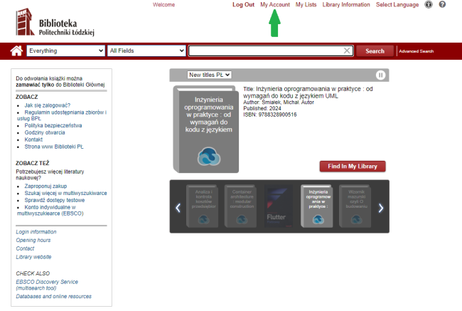 Screenshot of the Library's online catalogue view - my account option selected.