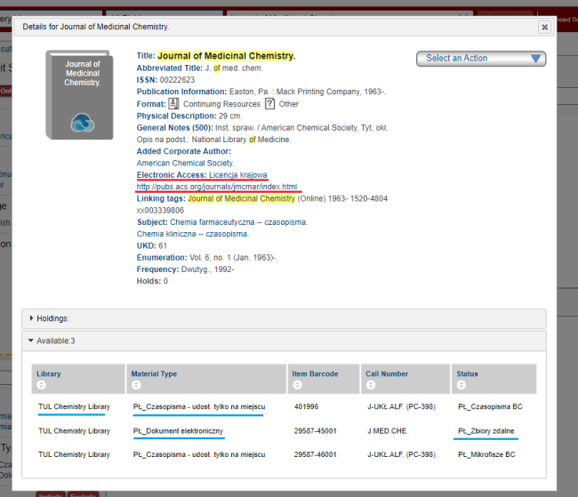 Screenshot of the Library's online catalogue view - a box with the bibliographic description of the journal. Status, location and method of access highlighted, as well as a link to the online version.