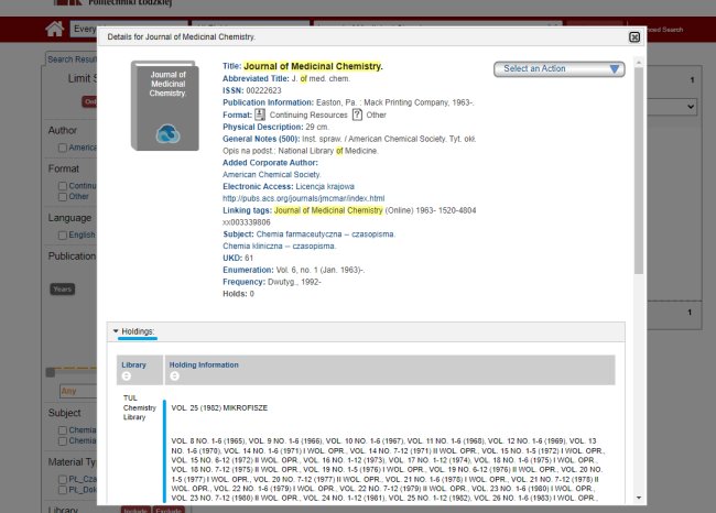 Screenshot of the Library's online catalogue view - a box with the bibliographic description of the journal. Status, location and method of access highlighted, as well as a link to the online version.