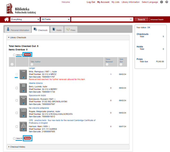 Screenshot of the Library's online catalogue view - renewal option on a reader's account.