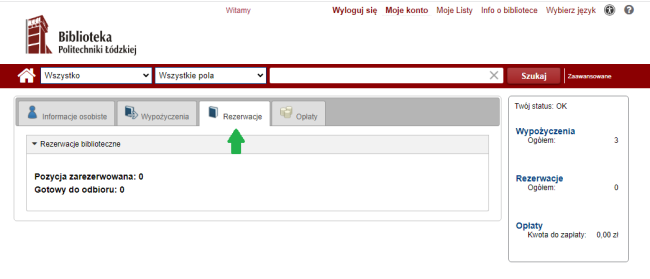 Zrzut ekranu z widokiem katalogu online Biblioteki – zakładka rezerwacje na koncie użytkownika.
