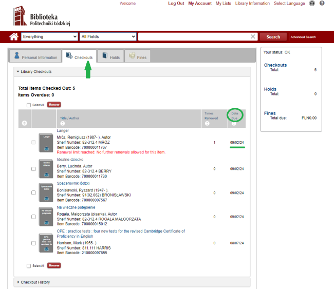 Screenshot of the Library's online catalogue view - user account status.