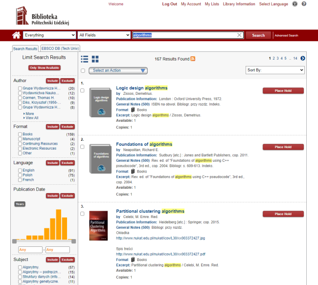 Screenshot of the Library's online catalogue view - simple search results.