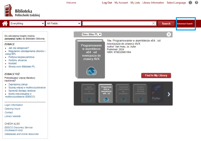 Screenshot of the Library's online catalogue view - button for advanced search.