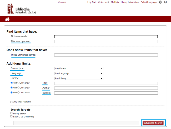 Screenshot of the Library's online catalogue view - advanced search fields view.