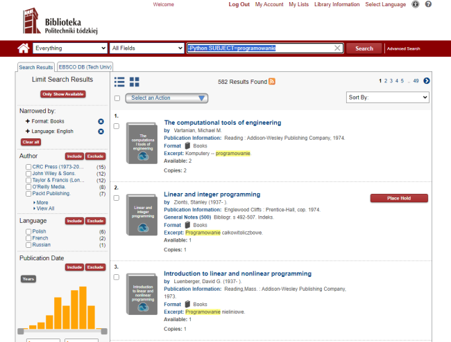 Screenshot of the Library's online catalogue view - advanced search results.