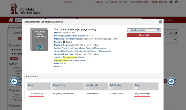 Screenshot of the Library's online catalogue view - a window with the bibliographic description of the book.