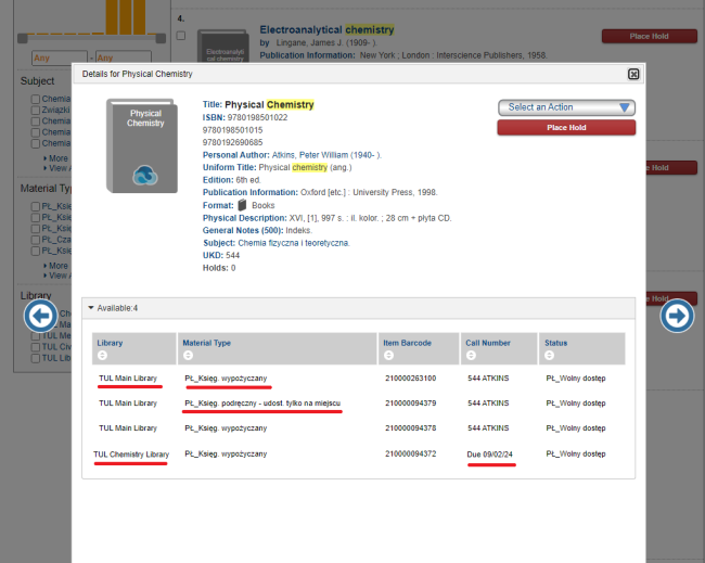 Screenshot of the Library's online catalogue view - a window with the bibliographic description and with the status and location of the book highlighted.