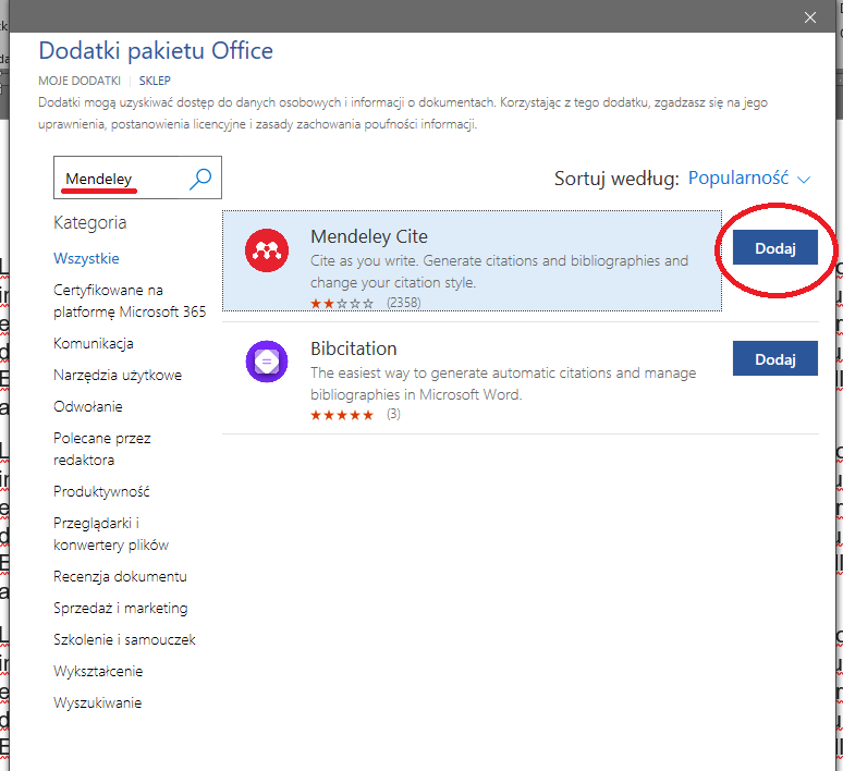 Zdjęcie przedstawiające, jak zainstalować wtyczkę Mendeley Cite ze Sklepu Microsoft.