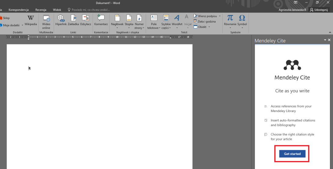 Zdjęcie przedstawiające dokument Word z otwartym panelem wtyczki Mendeley Cite.