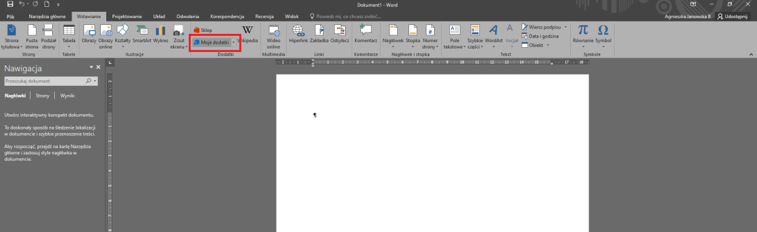Zdjęcie przedstawiające dokument Word z zaznaczoną opcją „Moje dodatki”.