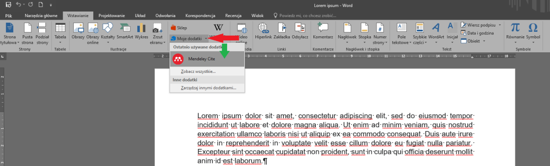 Zdjęcie przedstawiające lokalizację wtyczki Mendeley Cite w Wordzie.