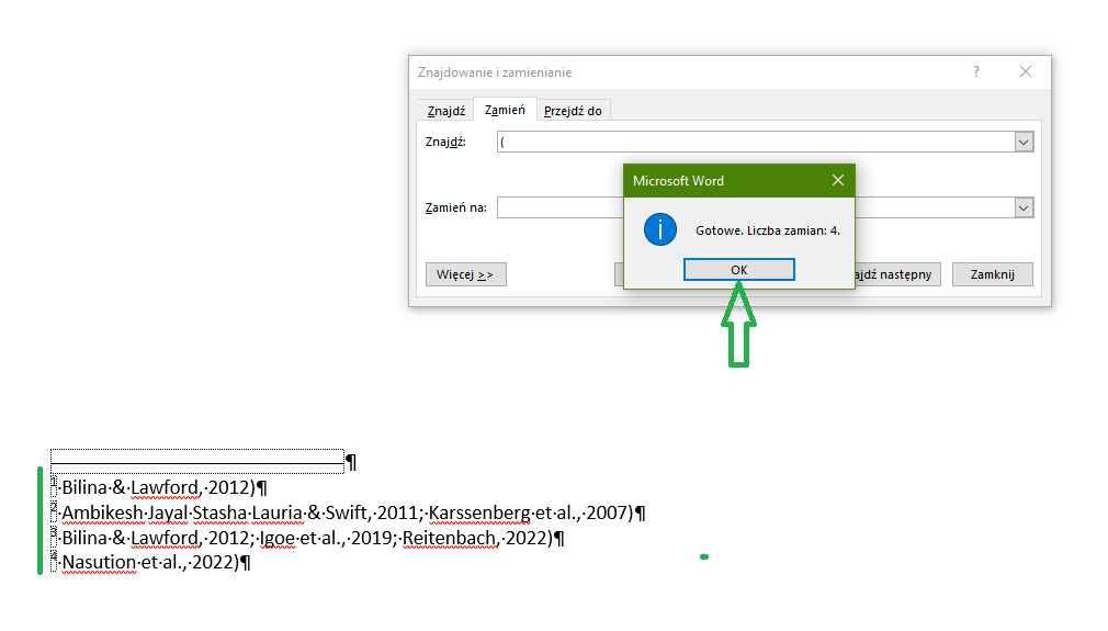 Zdjęcie przedstawiające usuwanie nawiasów otwierających w przypisach dolnych w Wordzie – widoczne jest okno z liczbą wprowadzonych zmian.