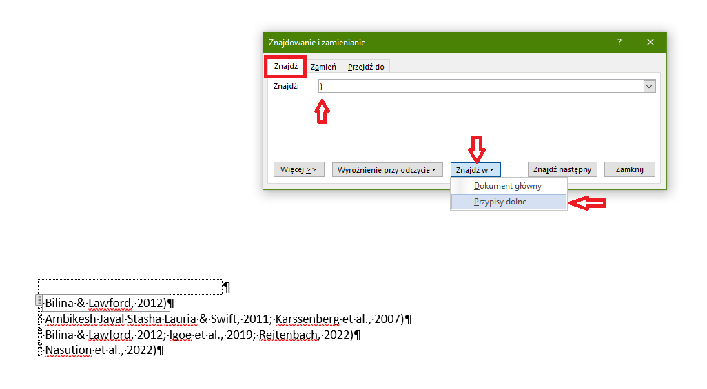 Zdjęcie przedstawiające usuwanie nawiasów zamykających w przypisach dolnych w Wordzie – otwarte okno „Znajdowanie i zamienianie”.
