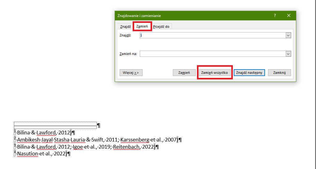 Zdjęcie przedstawiające użycie opcji „Zamień” w Wordzie w celu usunięcia nawiasu zamykającego w przypisie dolnym.