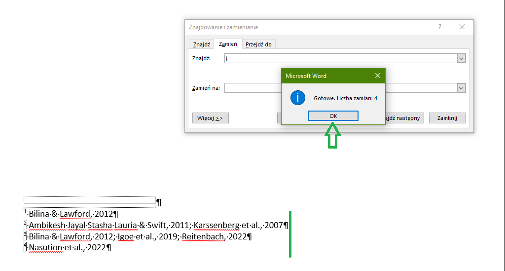 Zdjęcie przedstawiające usuwanie nawiasów zamykających w przypisach dolnych w Wordzie – widoczne jest okno z liczbą wprowadzonych zmian.