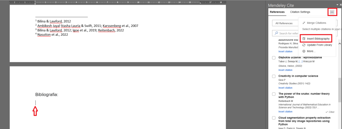 Zdjęcie przedstawiające opcję wstawiania bibliografii do Worda za pomocą wtyczki Mendeley Cite – zaznaczona opcja „Insert Bibliography”.