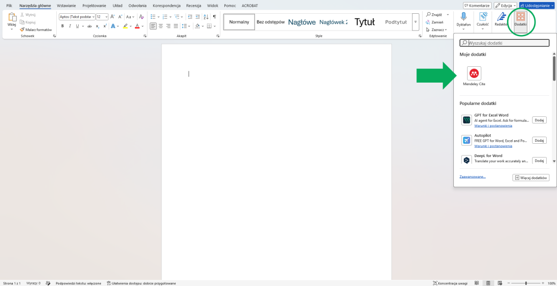 Jeśli wtyczka jest już dodana do Worda, to po otworzeniu programu na nowo trzeba będzie wywołać panel boczny. Należy więc na pasku narzędzi odnaleźć zainstalowane dodatki. W zależności od tego, z której wersji Worda korzysta użytkownik, dodatki mogą znajdować się w zakładce „Plik” lub „Wstawianie” bądź „Odwołania”.